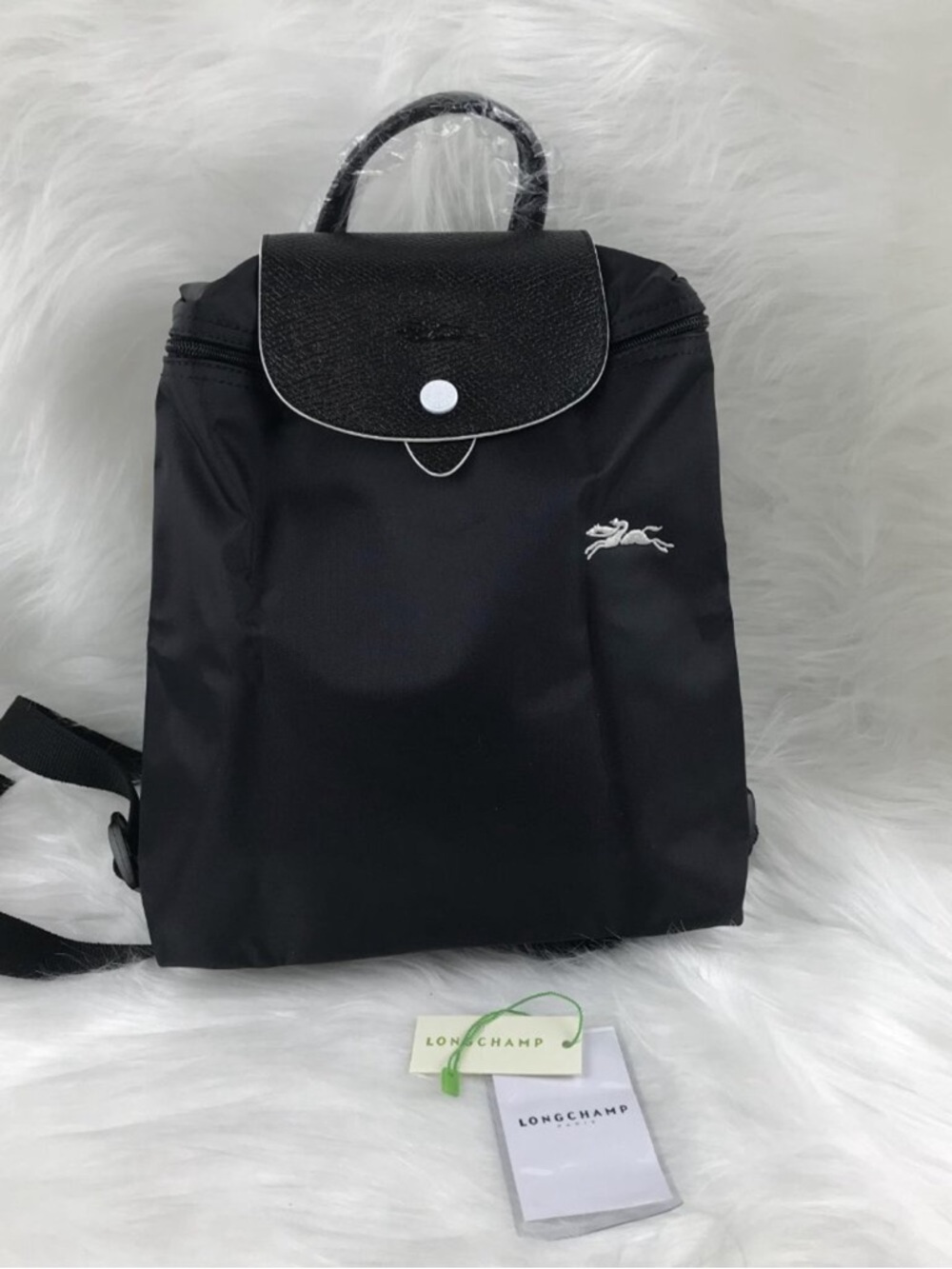 Longchamp Black Nylon Small Backpack with Leather Flap